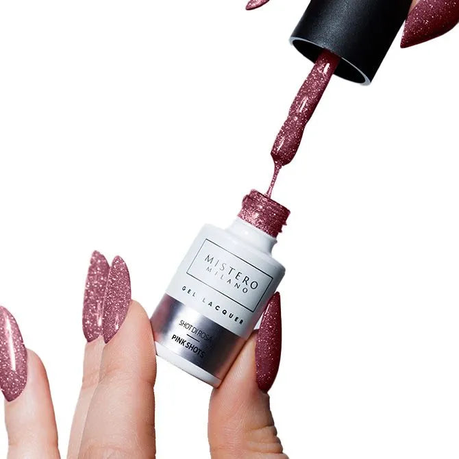 Roze glitter gellak - Pink shots - Voorbeeld van het kleur