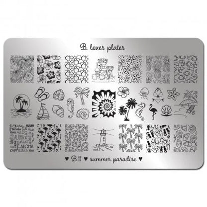 Stempelplaat met zomerse strand motieven: palmbomen, vissen, zeepaardjes, flamingo’s, slippers, zeesterren, zandkastelen,…